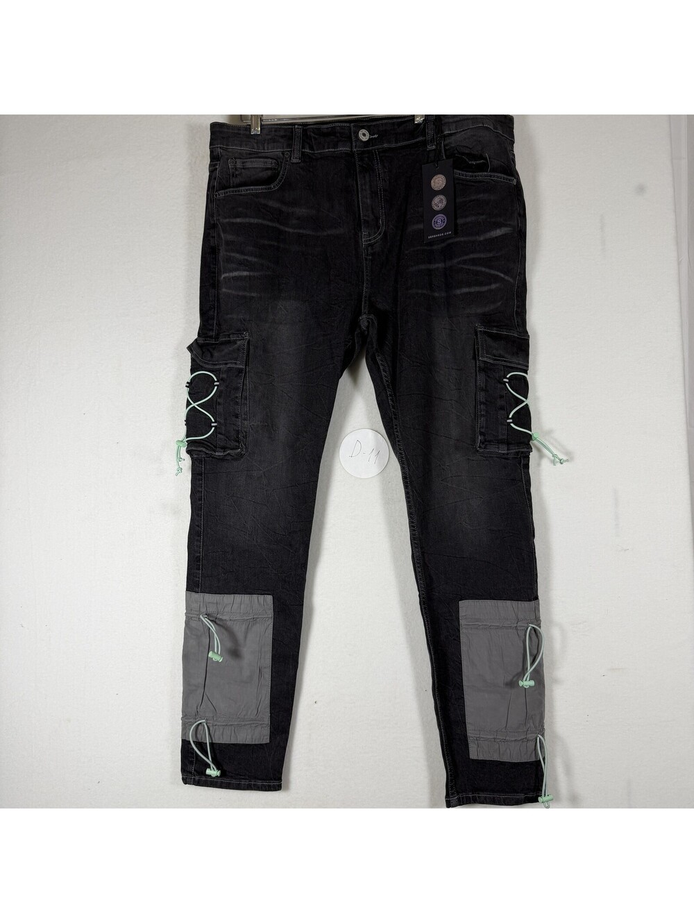 Serenede Men's Black Cargo Jeans Slim Fit Drawstring Detail Size 42 D-11